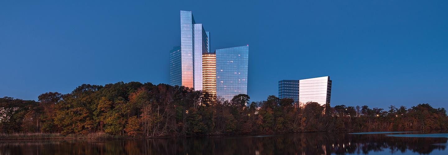 Exterior of Mohegan Sun Hotel at sunset